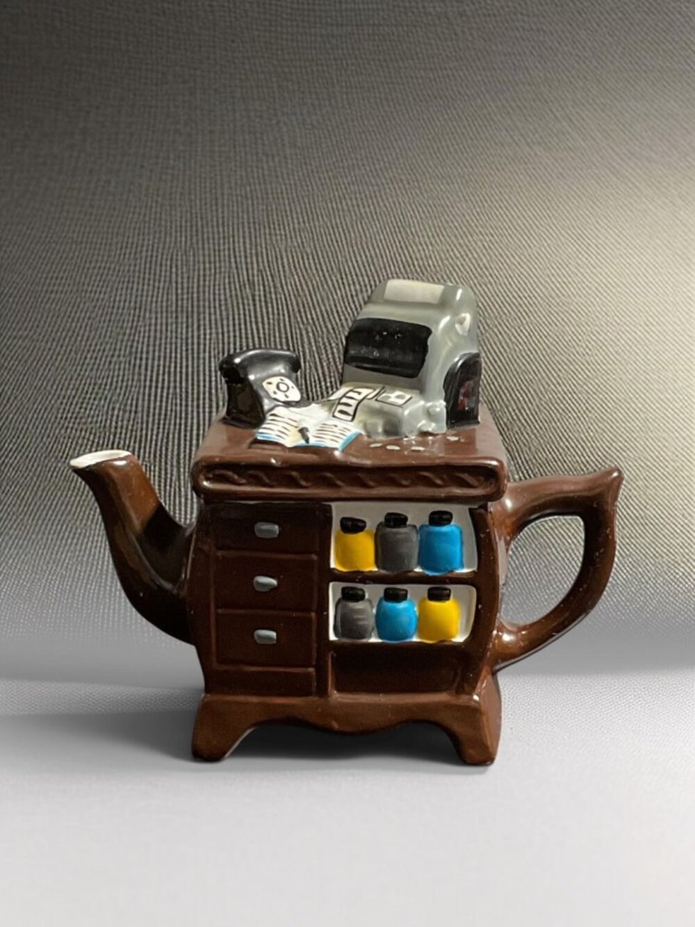 Office Desk-Themed Ceramic Teapot With Drawer & Shelf Detailing